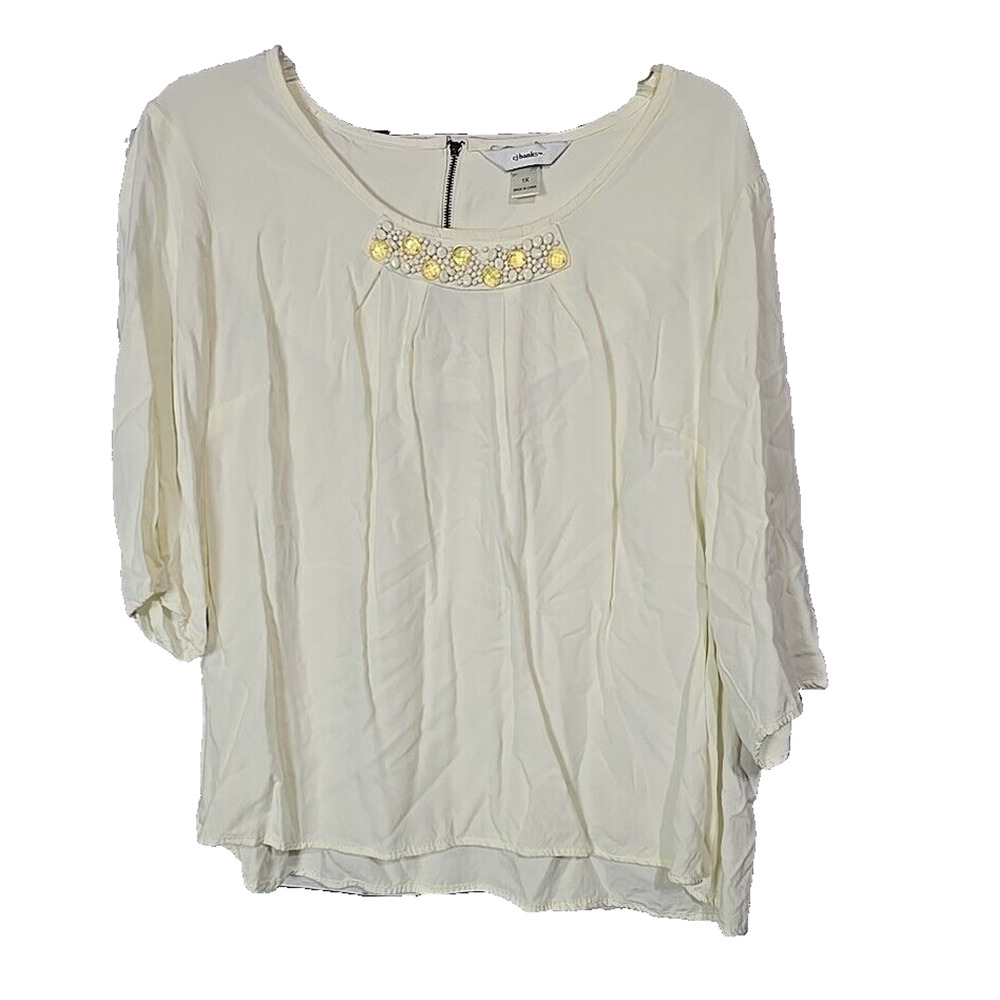 CJ Banks Ivory Beaded Scoop Neck Flowy 3/4 Sleeve Casual Top Womans Plus Size 1X